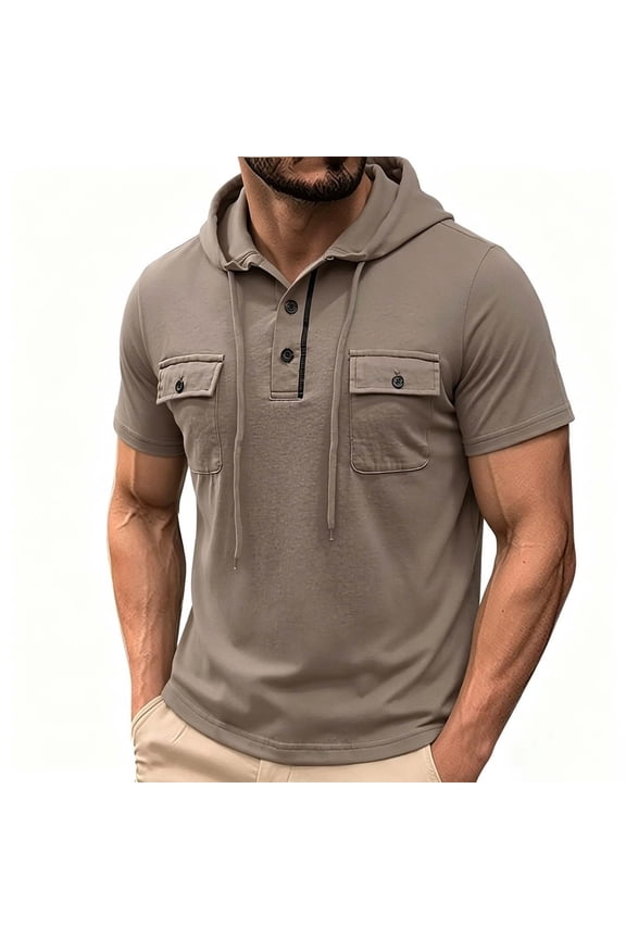 Men's Hooded Short Sleeve Shirts Drawstring Hood Pullover Chest Dual Pocket Hoodies Quick Dry Breathable Outdoor Casual Sports Top Khaki M