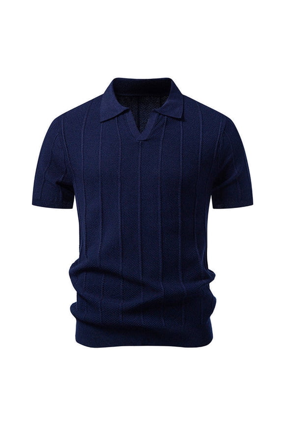Men's Johnny Collar Striped Knit Shirts Short Sleeve V Neck Texture Tops Soft Comfortable Old Money Business Casual Golf Stylish Shirts Navy M