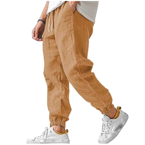 JTSRKL Men's Linen Jogger Pants Solid Elastic Drawstring Waist Cuffed Ankle Loose Fit Trousers Lightweight Breathable Daily Beach Sweatpants Yellow XL