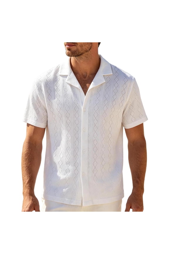 Men's Mesh Printed Cuba Collared Shirts Solid Breathable Short Sleeve Tops Button Down Refreshing Stylish Casual Beach Vacation Party Tees White XL