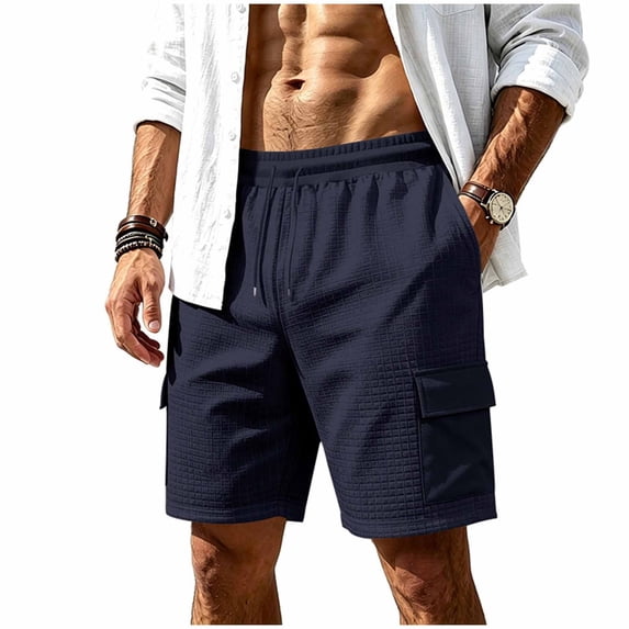 JTSRKL Men's Outdoor Cargo Shorts Solid Waffle Knit Drawstring Elastic Waist Multi Pocket Short Pants Lightweight Summer Beach Daily Casual Trunks Navy S