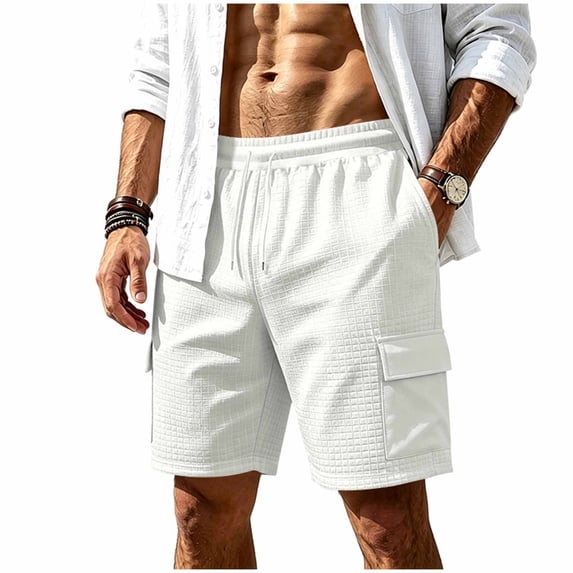 JTSRKL Men's Outdoor Cargo Shorts Solid Waffle Knit Drawstring Elastic Waist Multi Pocket Short Pants Lightweight Summer Beach Daily Casual Trunks White XXL