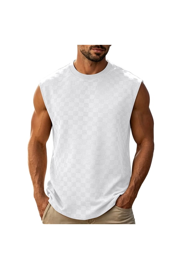 Men's Squard Plaid Sleeveless Shirts Checker Jacquard Loose Fit Tank Tops Casual Stylish Running Streetwear Gym Workout Muscle Vest White S