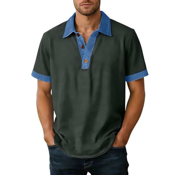 JTSRKL Men's Vintage Denim Textured T-shirts Patchwork Color Block Soft Breathable Lapel Neck Tees 3-Button Golf Casual Short Sleeve Tops Dark Gray S