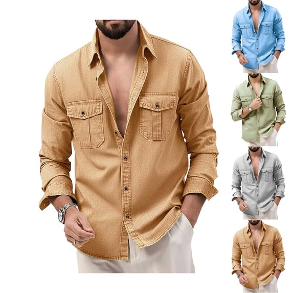 JTSRKL Men's Washed Cotton Retro Workwear Shirts Long Sleeve Loose Button Down Tops Classic Vintage Work Texture Casual Outdoor Shirts Gray L