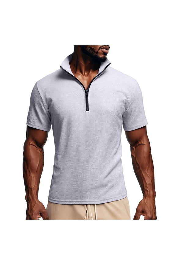 Men's Wraffle Short Sleeve Tops Solid Half‑Zip Stand‑Collared Shirts Textured Lightweight Breathable Ribbed Sports Work Daily Golf Tees Gray L