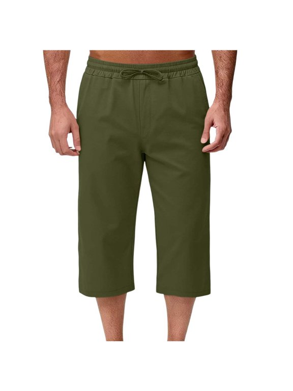 Mens Baggy Straight 3/4 Length Pants Side Pockets Loose Relaxed Fit Capri Pants Summer Wide Leg Casual Minimalist Trousers