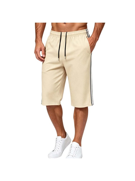 Mens Breathable Knit Pants Stretch Sport Loose Beach Side Stripe Cropped Summer Trousers Cool Comfy Daily Relaxed Fit Bottoms