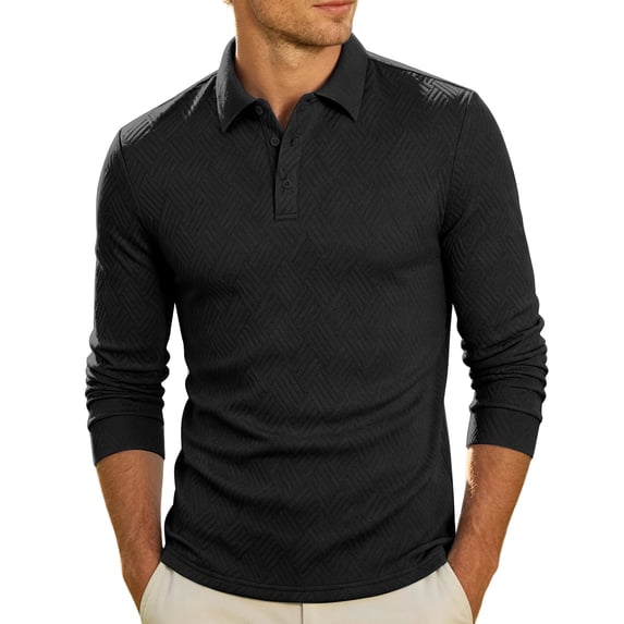 JTSRKL Mens Button Collared Shirts Solid Jacquard Long Sleeve Casual Knit Soft Tops Textured Regular Fit Breathable Lightweight Daily Tees Black XXL