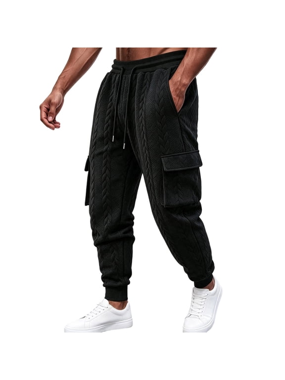 Mens Cable Knit Trousers Drawstring Cuffed Thermal Jacquard Hemp Pattern Knit Pants Elastic Waist Casual Warm Cozy Bottoms