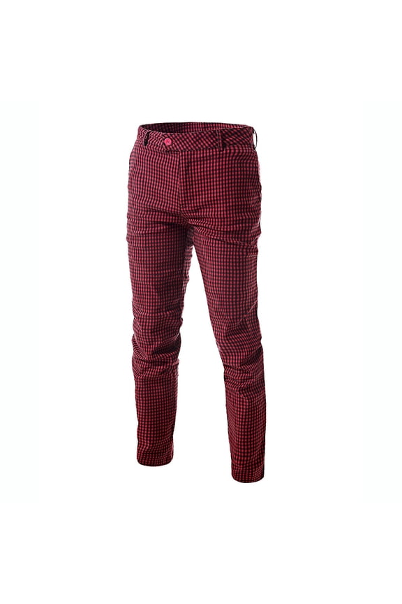 Mens Checkered Skinny Dress Pants High Waisted Button Fly Gingham Bottoms Straight Leg Business Casual Daily Commute Formal Trousers