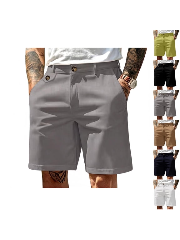 Mens Classic Dress Shorts Flat Front Stretch Elastic Waist Side Pockets Short Trousers Relaxed Fit Summer Casual Business Office Pants White XL