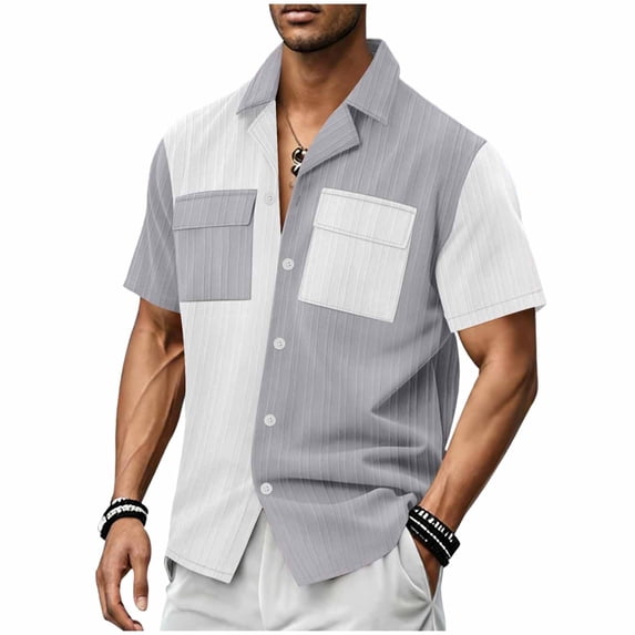 JTSRKL Mens Color Block Corduroy Shirts Short Sleeve Button Down Dual Pockets Casual Collared Tops Relaxed Fit Lightweight Breathable Summer Pullovers Gray L