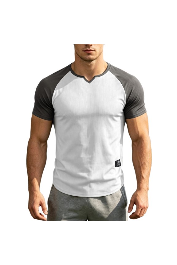 Mens Color Block V Neck Tees Breathable Stretchy Flex Slim Fit Short Sleeve Raglan Shirts Gym Training Summer Active Daily Comfort Fit Tops