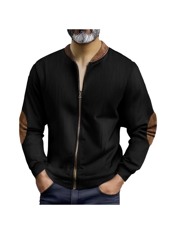 Mens Colorblock Zip Up Jackets Long Sleeve Stand Collar Corduroy Elbow Patch Casual Tops Warm Cozy Soft Thick Relaxed Fit Outerwear