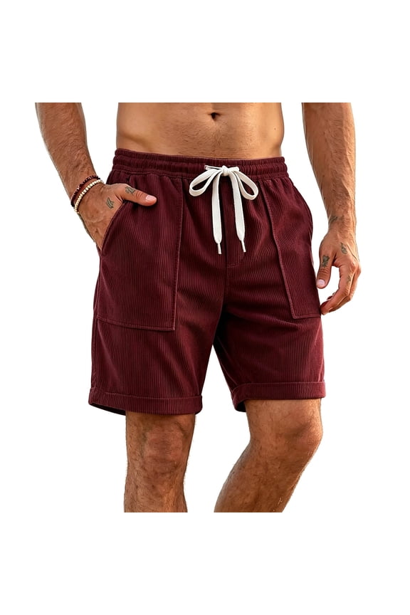 Mens Corduroy Cargo Shorts Ribbed Textured Drawstring Elastic Waist Short Pants Multi Pockets Casual Streetwear Stylish Bottoms