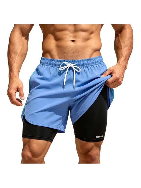 Mens Double Layer Quick Dry Shorts Athletic Drawstring Elastic Waist Breathable Lightweight Trunks Mesh Casual Sports Trousers