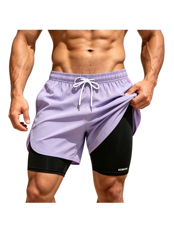 Mens Double Layer Quick Dry Shorts Athletic Drawstring Elastic Waist Breathable Lightweight Trunks Mesh Casual Sports Trousers