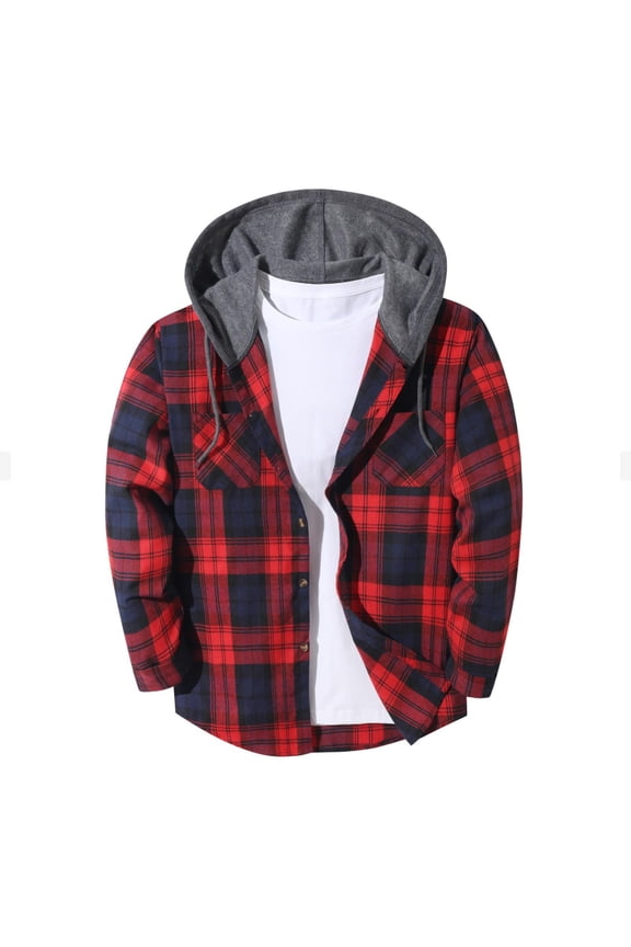 Mens Flannel Fleece Lined Shirts Plaid Button Down Soft Zip Up Hoodies Warm Classic Leisure Coats with Hood and Pockets
