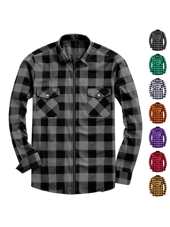 Mens Flannel Plaid Zip Up Shirts Long Sleeve Casual Fall Jackets Pocket Thermal Soft Textured Breathable Work Tops with Pockets