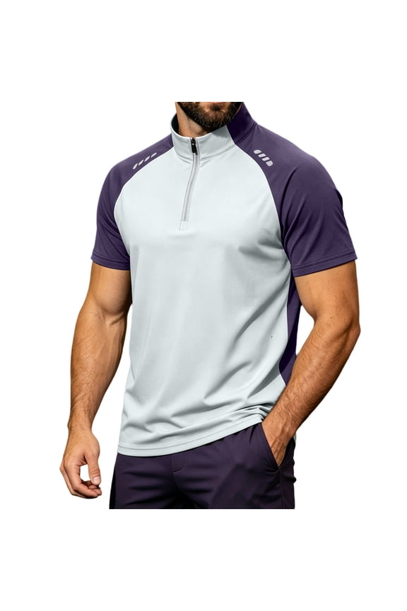 Mens Ice Silk Half Zip Tees Quick Dry Breathable Color Block Slim Fit Shirts Summer Outdoor Cycling Running Training Tops