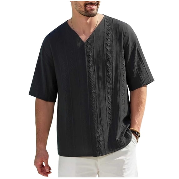 JTSRKL Mens Jacquard Draped V-Neck Tees Short Sleeve Loose Casual Stylish Shirts Streetwear Leisure Daily Soft Fabric Versatile Pullovers