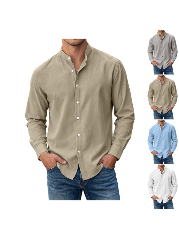 Mens Linen Cotton Button Down Shirts Long Sleeve Mock Neck Banded Collar T-Shirts Retro Summer Beach Vacation Pocket Tops