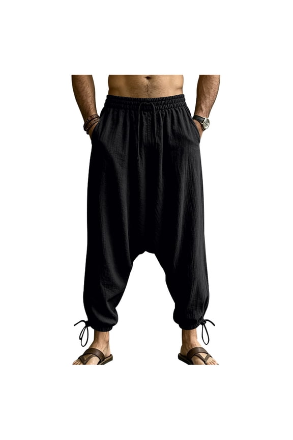 Mens Linen Harem Drop Pants Drawstring Elastic Waist Pocket Tapered Ankle Bottoms Stretchy Boho Hippie Casual Loose Baggy Trousers