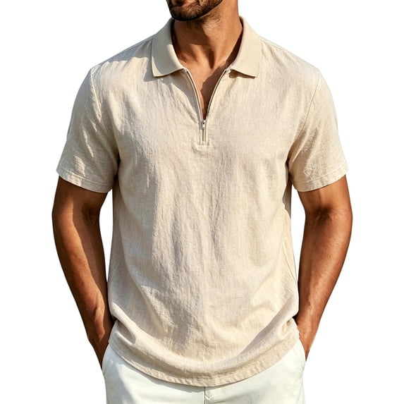 JTSRKL Mens Linen Short Sleeve Shirts Zip Collared Solid Lightweight Breathable Casual Tees Summer Business Vintage Relaxed Fit Tops Khaki XXL