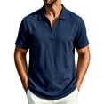 thumbnail image 1 of JTSRKL Mens Linen Short Sleeve Shirts Zip Collared Solid Lightweight Breathable Casual Tees Summer Business Vintage Relaxed Fit Tops Navy XXL, 1 of 7