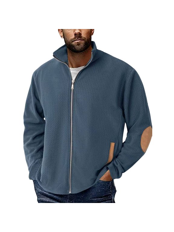 Mens Long Sleeve Lapel Jackets Zip Up Fleece Lined Elbow Patch Thick Jacquard Coats Casual Warm Cozy Soft Relaxed Fit Outerwear