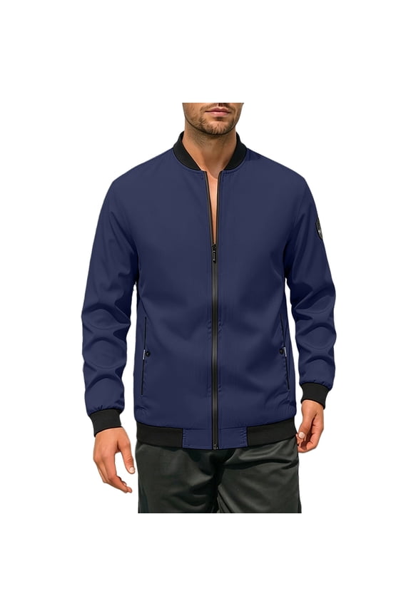Mens Mock Neck Bomber Jackets Side Zip Pockets Elastic Cuff Spring Fall Casual Coats Daily Sportswear Flight Streetwear Comfort Fit Tops Blue XXL