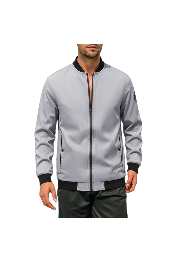 Mens Mock Neck Bomber Jackets Side Zip Pockets Elastic Cuff Spring Fall Casual Coats Daily Sportswear Flight Streetwear Comfort Fit Tops Gray XXXXL