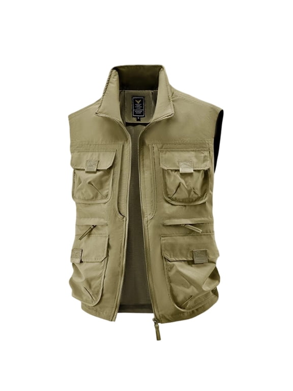 Mens Multi-Pocket Utility Cargo Vest Outdoor Loose Fit Mesh Lined Vest Functional Camping Fishing Lightweight Sleeveless Jackets