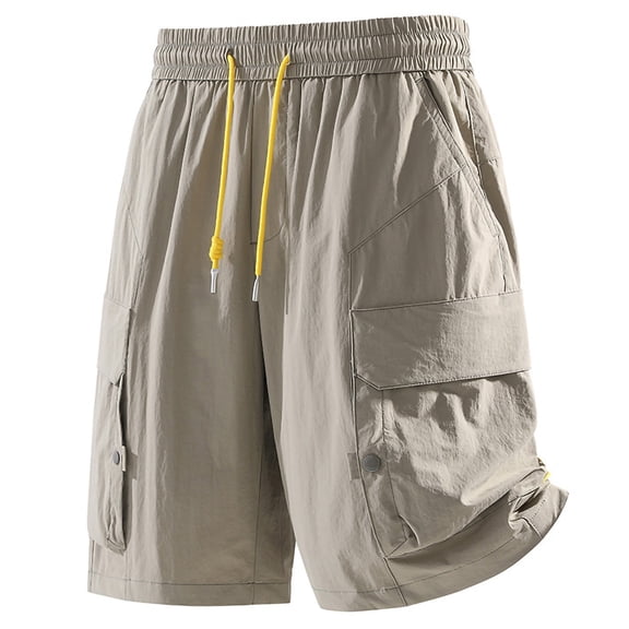 JTSRKL Mens Multi Pockets Cargo Shorts Drawstring Elastic Waist Quick Drying Crinkled Short Pants Loose Utility Summer Work Outdoor Pants Khaki L