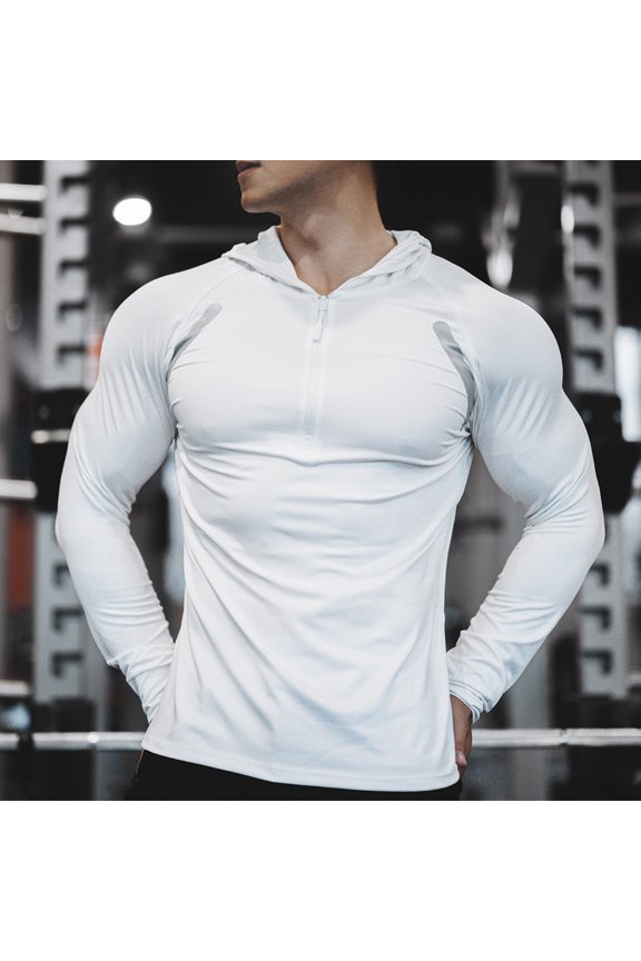 Mens Quick Dry Zip Up Hooded Jackets Athletic Pullover Muscle Fit Slim Rash Guard Reflective Strips Running Training Top Coats