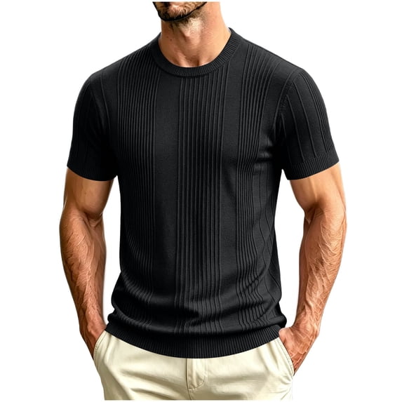 JTSRKL Mens Ribbed Knit Shirts Crewneck Short Sleeve Breathable Lightweight Tees Textured Summer Casual Daily Comfort Soft Wear Tops