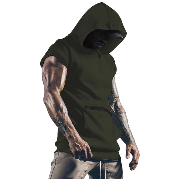 JTSRKL Mens Sleeveless Hoodies Zip Pocket Casual Athletic Pullover Loose Fit Tops Breathable Quick Drying Summer Sport Training Shirts Army Green L