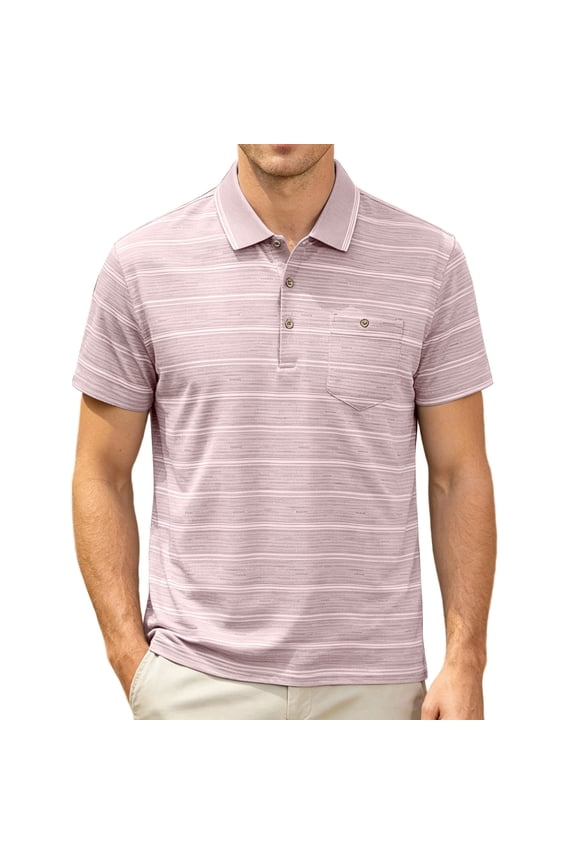Mens Striped Collared Golf Shirts Short Sleeve Lightweight Performance Moisture Wicking Tops Business Sport Daily Casual Outdoor Tees Pink L