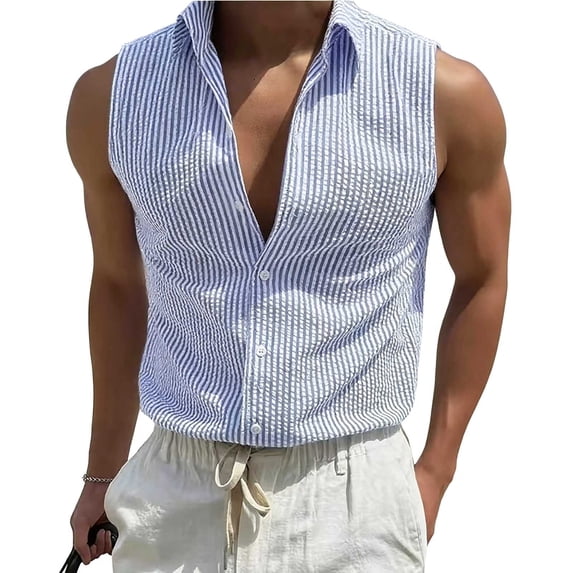 JTSRKL Mens Striped Sleeveless Shirts Stand Collar Button Up Casual Vest Solid Vintage Lightweight Breathable Summer Layering Tank Tops Blue XXL