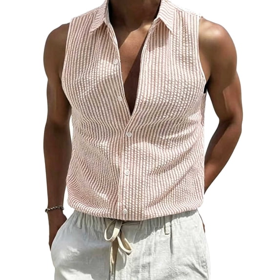JTSRKL Mens Striped Sleeveless Shirts Stand Collar Button Up Casual Vest Solid Vintage Lightweight Breathable Summer Layering Tank Tops Khaki M