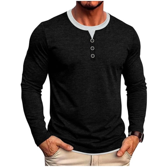 JTSRKL Mens Stylish Fake Two Piece Tops Crew Neck Button Placket Business Casual Long Sleeve Pullover Breathable Soft Textured Shirts