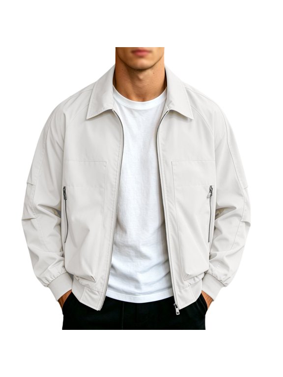 Mens Track Bomber Jackets Laydown Collar Full Zip Side Pockets Elastic Cuff Golf Coat Daily Comfort Stylish Outerwear Casual Tops
