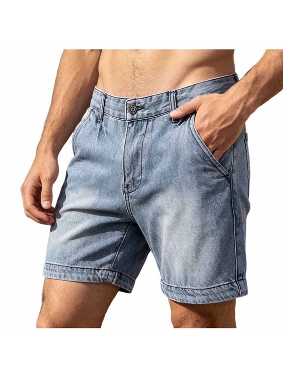 Mens Vintage Denim Shorts Washed Button Fly Zip Closure Ripped Distressed Retro Fit Jorts Side Pockets Summer Straight Cut Short Pants Blue XS