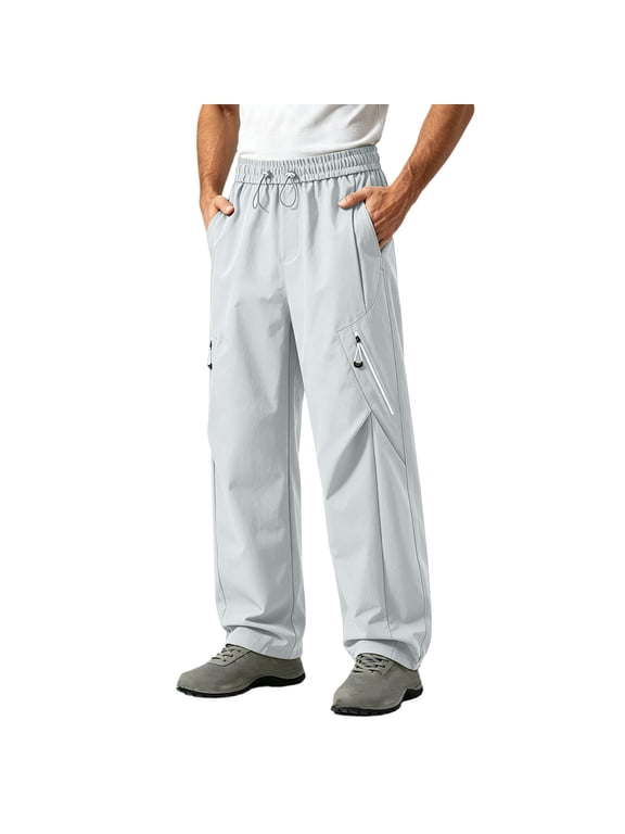Mens Windproof 3-in-1 Cargo Pants Drawstring Elastic Waist Multi-Pockets Soft Shell Bottoms Fleece Liner Warm Waterproof Trousers