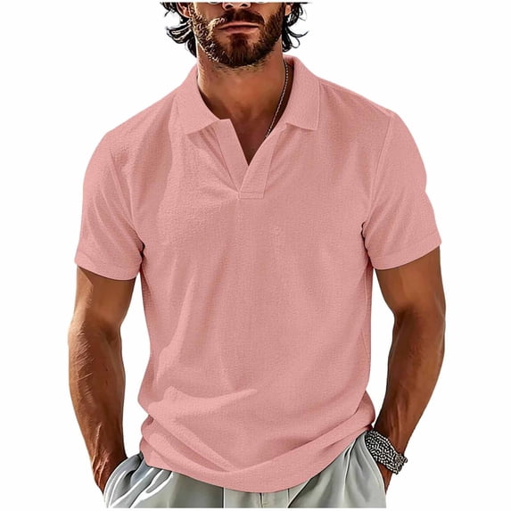 JTSRKL Mens Wrinkle Texture Tees Short Sleeve V Neck Summer Beach Golf Shirts Crinkled Cooling Lightweight Breezy Relaxed Pullover Tops Pink S