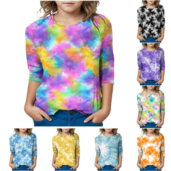 JTSRKL Ombre T-Shirts for Kids Girls Teens Cute Tie Dye Gradient Print 3/4 Length Sleeve Crew Neck Basic Tunic Tees Tops Loose Fit Cotton Blouses Khaki 3-4 Years