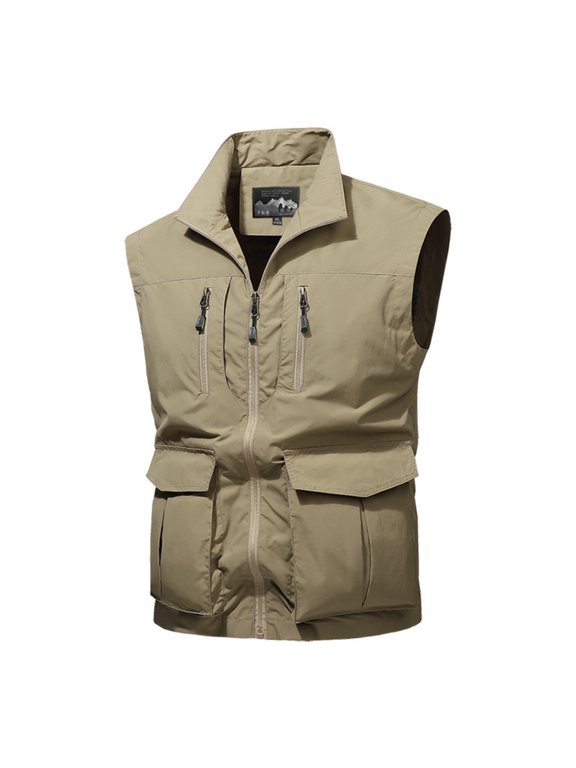 Outdoor Multi-Pocket Vest for Men Utility Functional Zip Stand Collar Loose Casual Jackets Daily Warm Cozy Soft Thick Relaxed Fit Tops