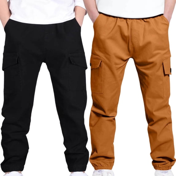 JTSRKL Pack of 2 Kids Boys Cargo Sweatpants Loose Fit Casual Elastic Waist Baggy Trousers Teens Stretch Cinch Bottom Wide Leg Hiking Active Workout Jogger Pants with Multi-Pockets #09 8-9 Years