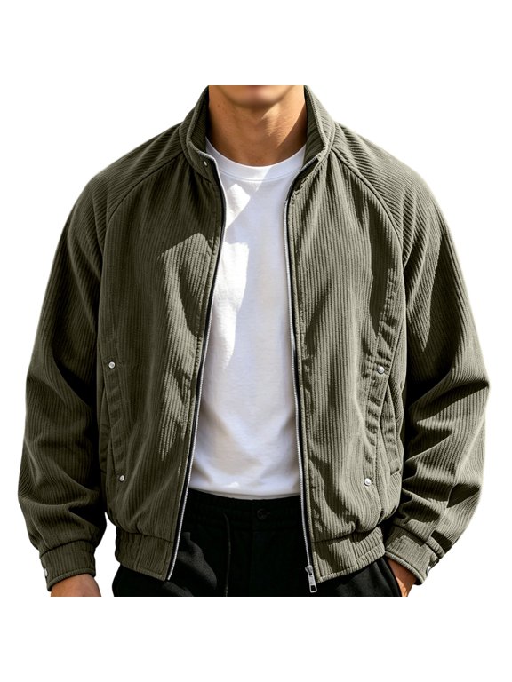 Ribbed Corduroy Bomber Jackets for Men Vertical Stand Collar Full Zip Classic Tops Vintage Casual Pocket Comfort Soft Daily Coat
